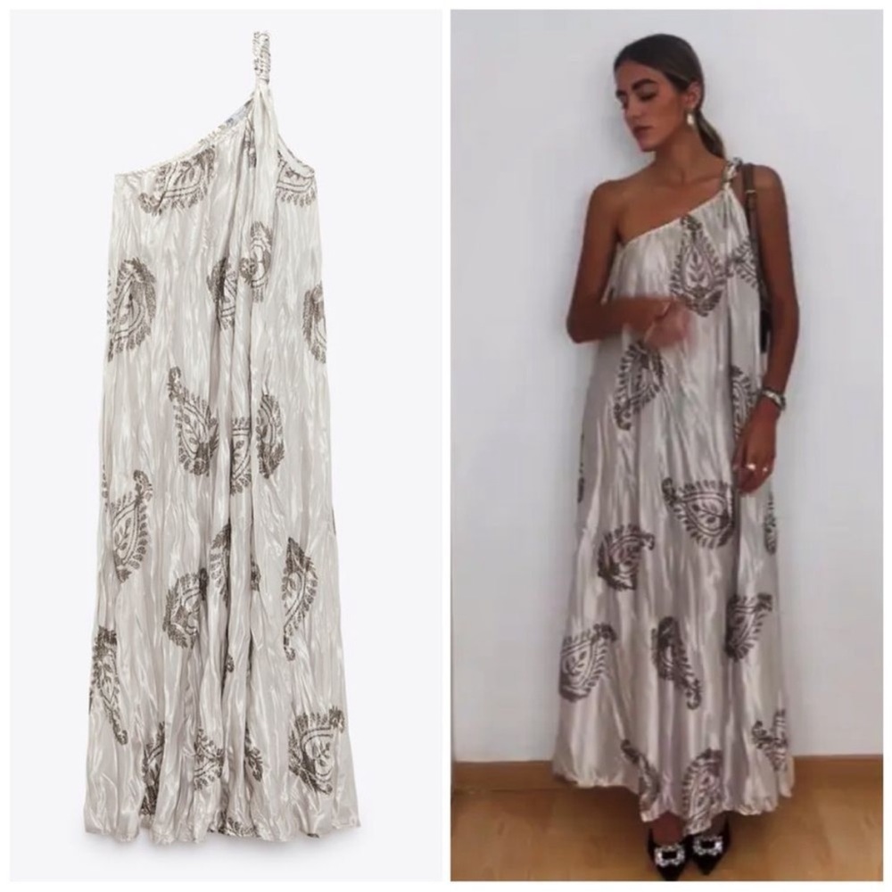 NWT ZARA WRINKLED EFFECT ASYMMETRICAL DRESS BROWN / ECRU